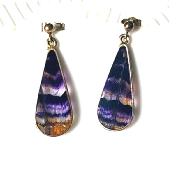 Vintage Boho Rare Sterling Silver Blue John Gemstone Purple Drop Dangle Earrings - Picture 1 of 10